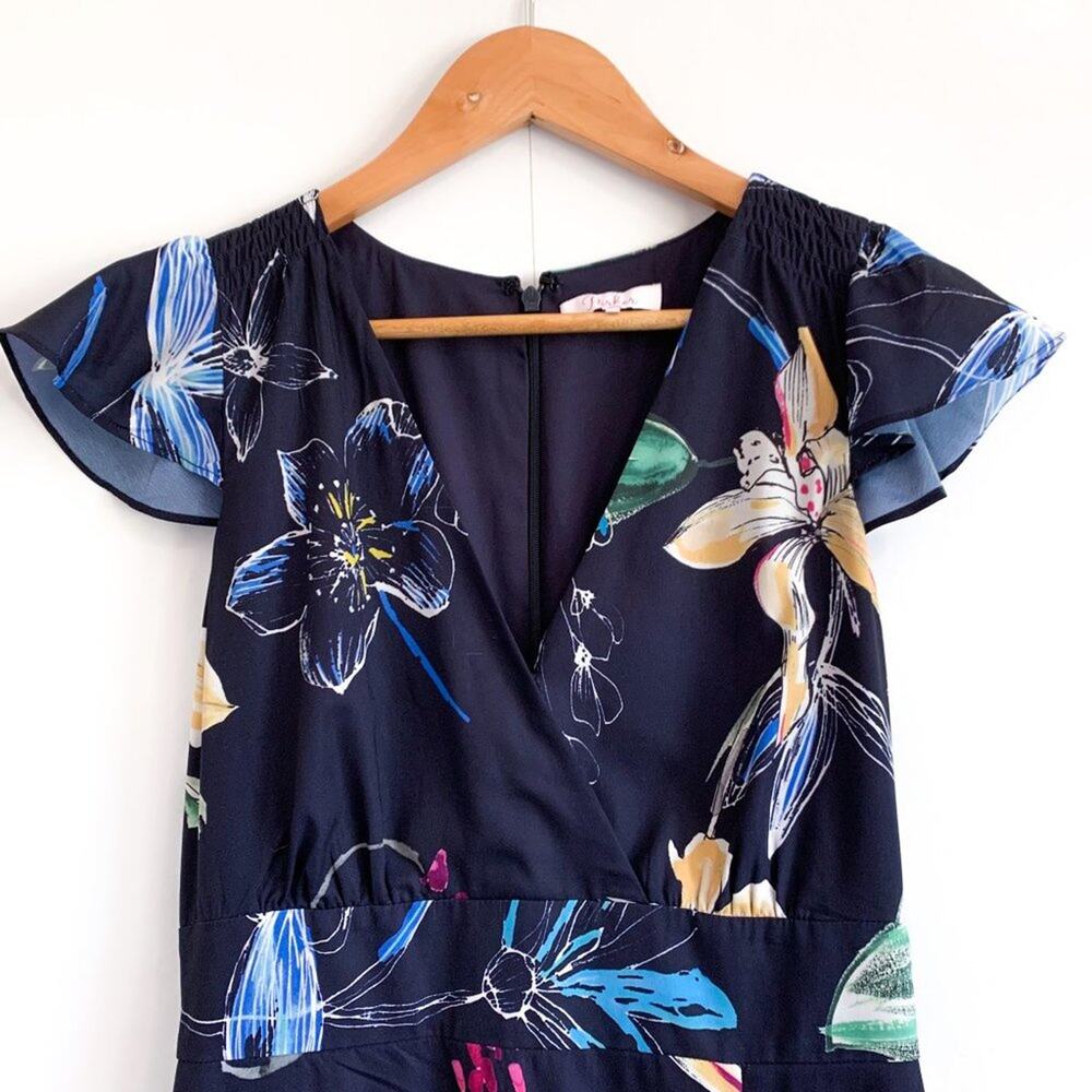 Parker Cosmic Fleur Flutter Short Sleeve Mini Ruffle Dress Navy Multi Small - Picture 4 of 16